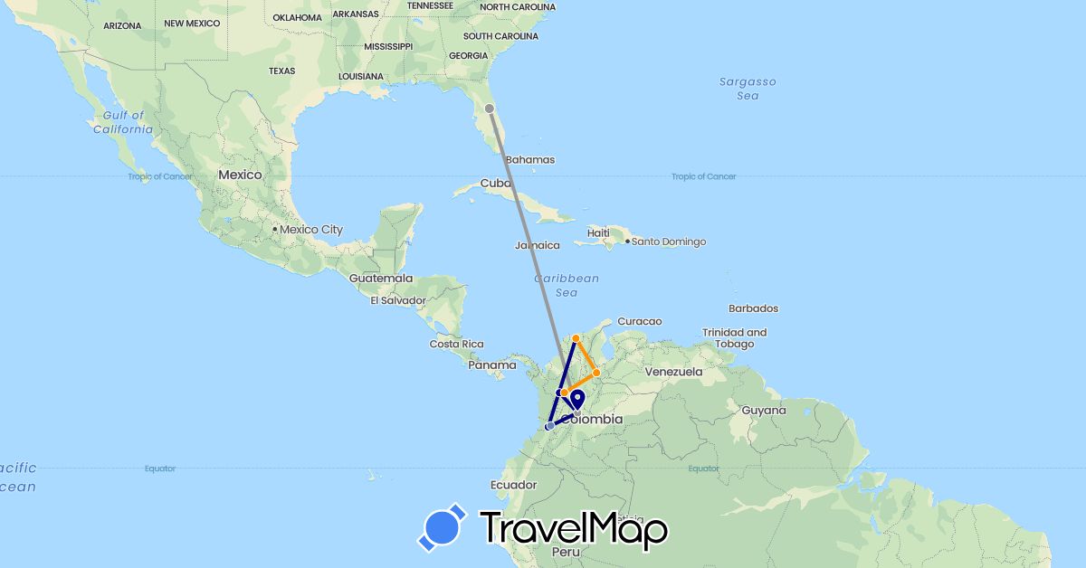 TravelMap itinerary: driving, plane, cycling, hitchhiking in Colombia, United States (North America, South America)